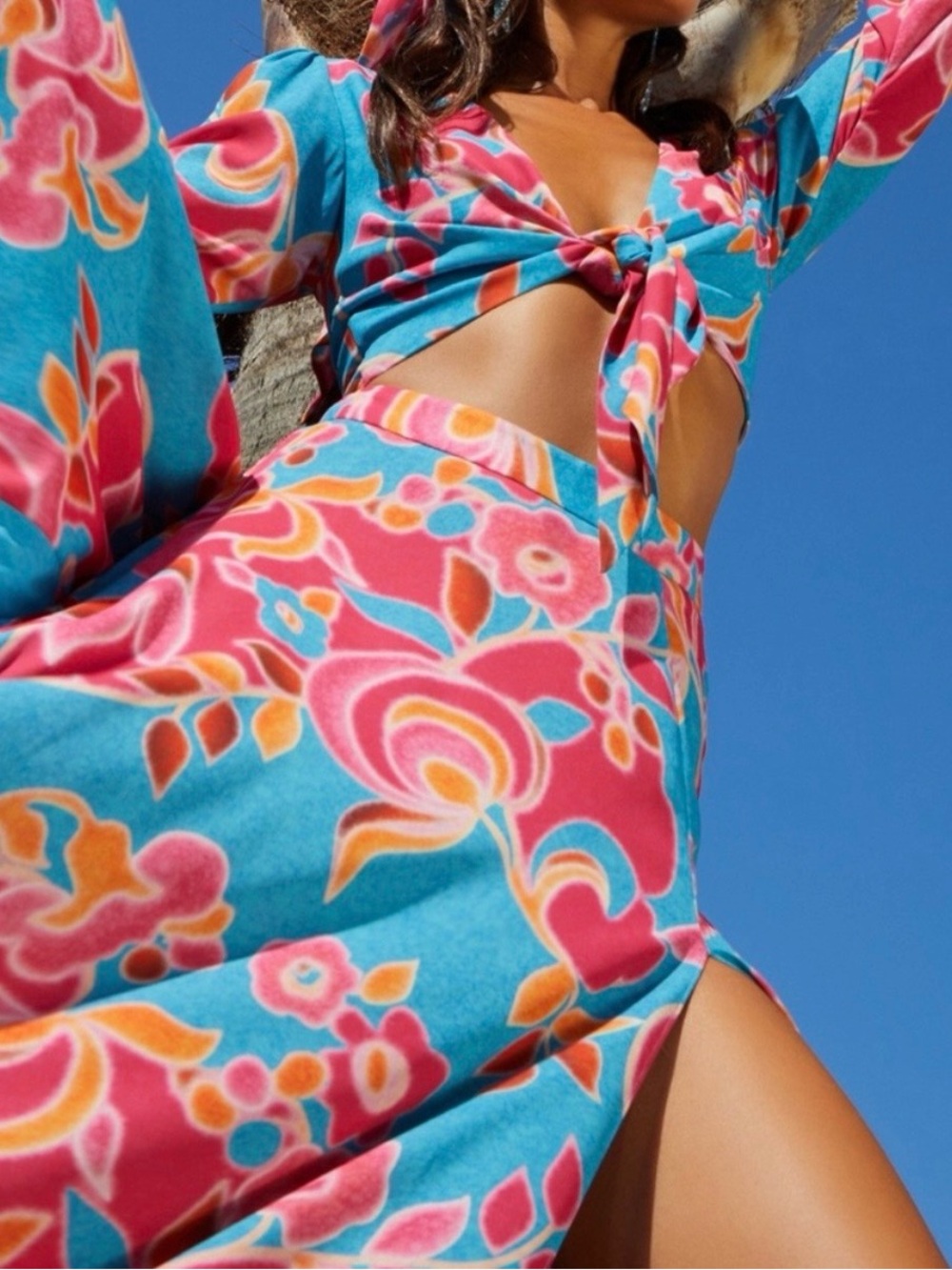 NADINE MERABI Turquoise and Pink Floral Tie-Front Swim Cover-Up Set